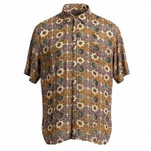Pure Mens 100% Silk Short Sleeve Button Down Shirt Geometric Print Brown Size M